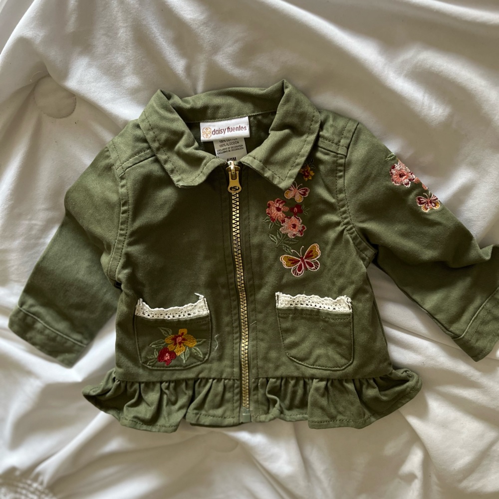 6/9 month Daisy Fuentes Girls Olive Green Floral and Lace Jacket